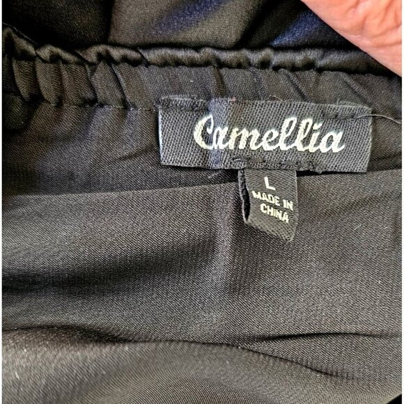 Camellia Black Layered Flounce Crop Top Womens L Tie Spaghetti Straps Polyester - Picture 8 of 9